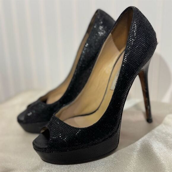 Jimmy Choo Black Glitter Peep Toe Platform Pumps Size 7 US Heels Made in Italy - Picture 1 of 15